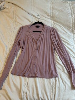 Mauve Ribbed Button-Front Long Sleeve Top